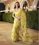 Yellow organza Hand painted Saree with Blouse