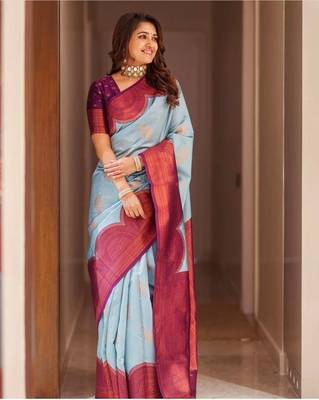 Blue art silk jacquard Saree with Blouse 1