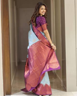 Blue art silk jacquard Saree with Blouse 3