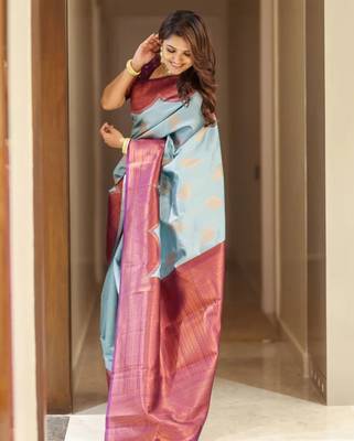 Blue art silk jacquard Saree with Blouse 4