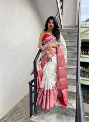 White art silk jacquard Saree with Blouse 2