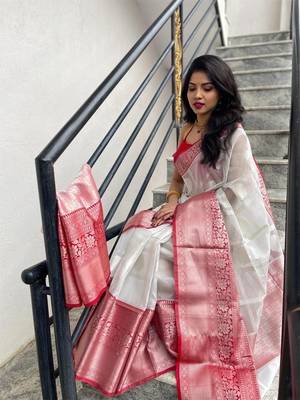 White art silk jacquard Saree with Blouse 3