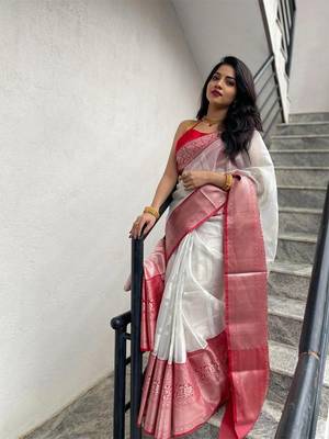 White art silk jacquard Saree with Blouse 4