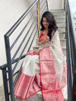 White art silk jacquard Saree with Blouse 1