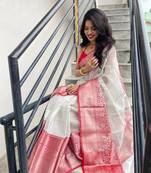 White art silk jacquard Saree with Blouse