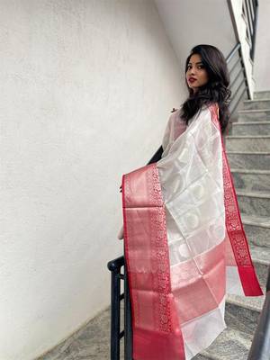 White art silk jacquard Saree with Blouse 5