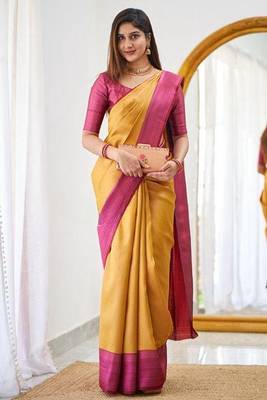 Yellow art silk jacquard Saree with Blouse 2