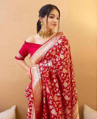 Red art silk jacquard Saree with Blouse 2