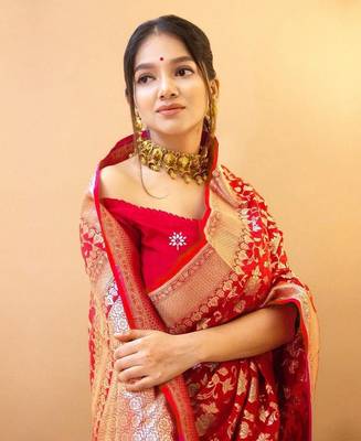 Red art silk jacquard Saree with Blouse 3