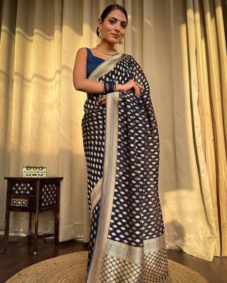 Blue art silk jacquard Saree with Blouse 1