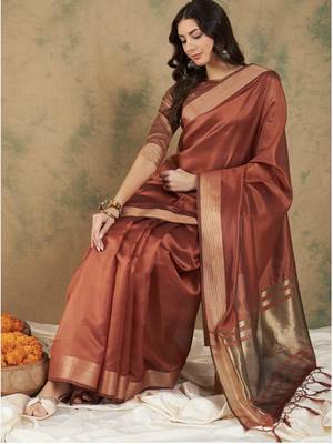 Rust Woven Organza Saree with Unstitched Blouse 1
