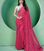 Ethnovog ready to wear multicolored n pink georgette ruffle saree