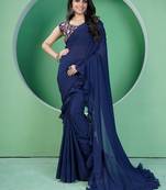 Ethnovog ready to wear blue embroidered georgette ruffle saree