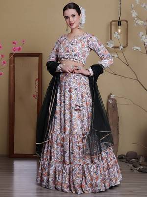 Ethnovog Ready To Wear White Satin Digital Print Lehenga Set 1