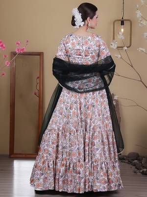 Ethnovog Ready To Wear White Satin Digital Print Lehenga Set 2