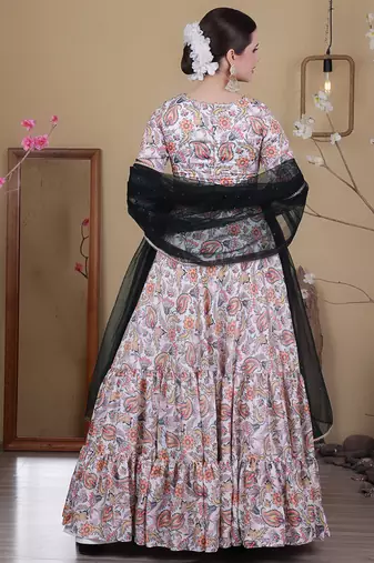 Ethnovog Ready To Wear White Satin Digital Print Lehenga Set