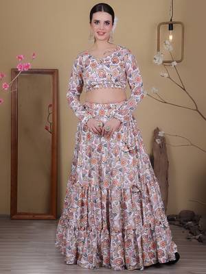 Ethnovog Ready To Wear White Satin Digital Print Lehenga Set 3