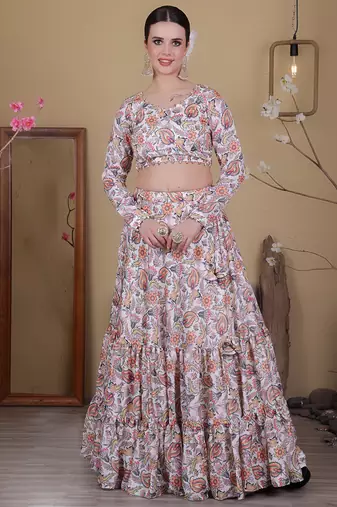 Ethnovog Ready To Wear White Satin Digital Print Lehenga Set