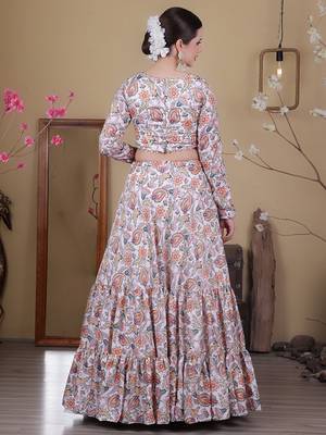 Ethnovog Ready To Wear White Satin Digital Print Lehenga Set 4