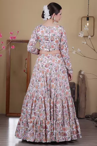 Ethnovog Ready To Wear White Satin Digital Print Lehenga Set