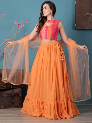 Ethnovog Ready To Wear Pink N Multicolor Chinon Tiered Lehenga 1
