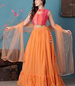 Ethnovog Ready To Wear Pink N Multicolor Chinon Tiered Lehenga
