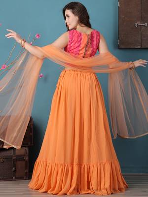 Ethnovog Ready To Wear Pink N Multicolor Chinon Tiered Lehenga 2