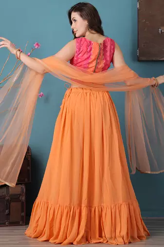 Ethnovog Ready To Wear Pink N Multicolor Chinon Tiered Lehenga