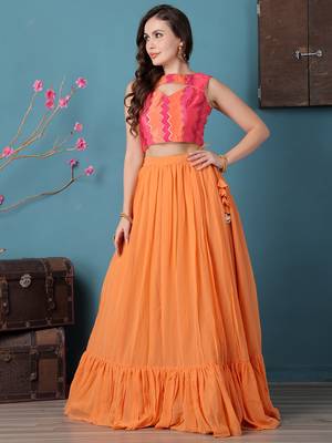 Ethnovog Ready To Wear Pink N Multicolor Chinon Tiered Lehenga 3