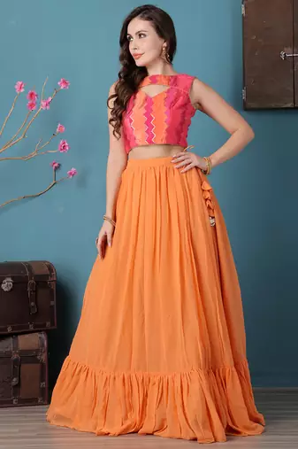 Ethnovog Ready To Wear Pink N Multicolor Chinon Tiered Lehenga