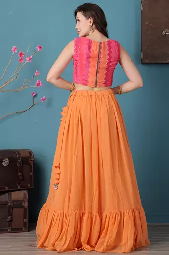 Ethnovog Ready To Wear Pink N Multicolor Chinon Tiered Lehenga