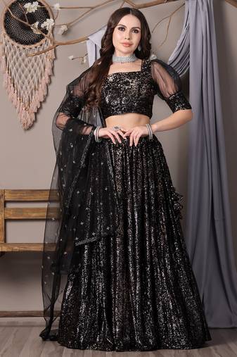 Ethnovog Ready To Wear Black Sequins Embroidered Georgette Lehenga Set