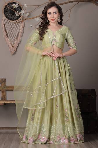 Ethnovog Ready To Wear Green Chinon Embroidered Lehenga