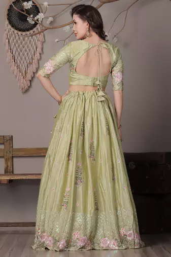 Ethnovog Ready To Wear Green Chinon Embroidered Lehenga