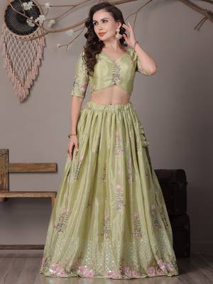 Ethnovog Ready To Wear Green Chinon Embroidered Lehenga 3