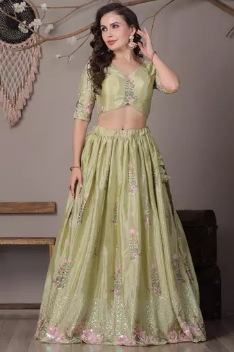 Ethnovog Ready To Wear Green Chinon Embroidered Lehenga