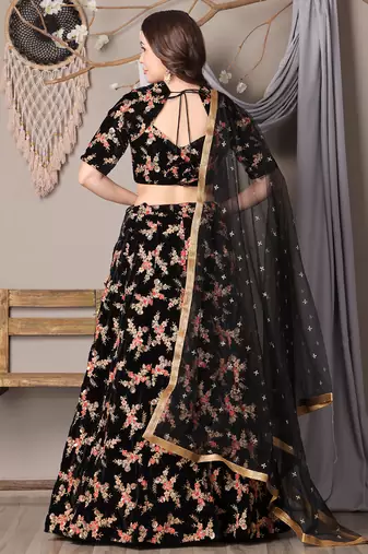 Ethnovog Ready To Wear Black Embroidered Velvet Lehenga
