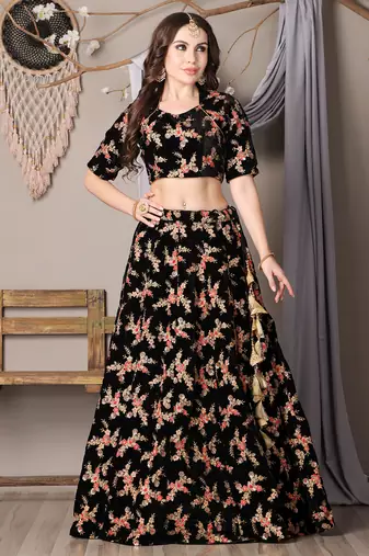 Ethnovog Ready To Wear Black Embroidered Velvet Lehenga