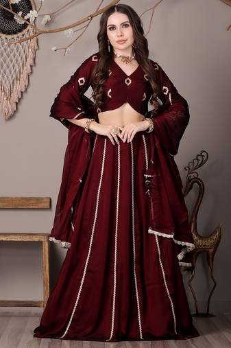 Ethnovog Ready To Wear Wine Silk Embroidered Kali Style Lehenga