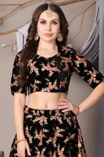 Ethnovog Ready To Wear Black Embroidered Velvet Lehenga