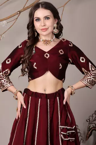 Ethnovog Ready To Wear Wine Silk Embroidered Kali Style Lehenga