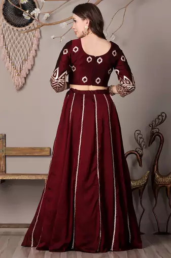 Ethnovog Ready To Wear Wine Silk Embroidered Kali Style Lehenga
