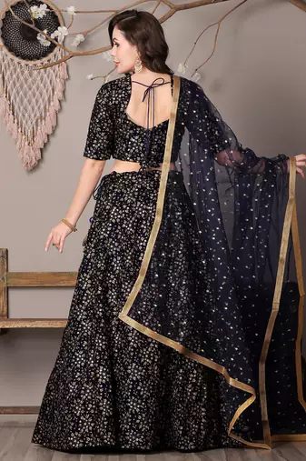 Ethnovog Ready To Wear Blue Embroidered Velvet Lehenga