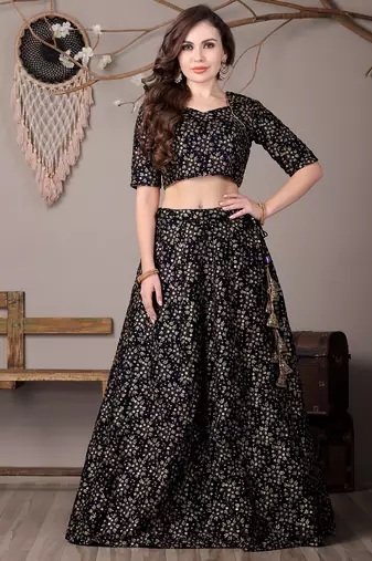 Ethnovog Ready To Wear Blue Embroidered Velvet Lehenga