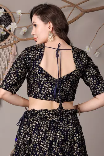 Ethnovog Ready To Wear Blue Embroidered Velvet Lehenga