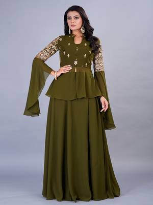 Ethnovog Ready To Wear Green Embroidered Georgette Skirt Set 1