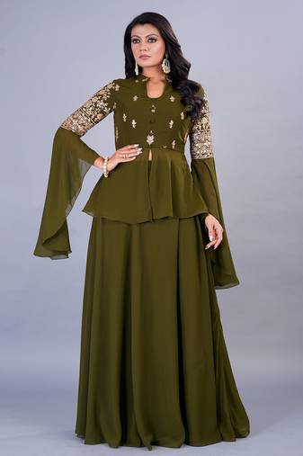 Ethnovog Ready To Wear Green Embroidered Georgette Skirt Set