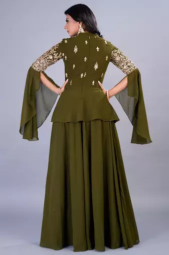 Ethnovog Ready To Wear Green Embroidered Georgette Skirt Set