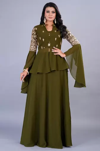 Ethnovog Ready To Wear Green Embroidered Georgette Skirt Set