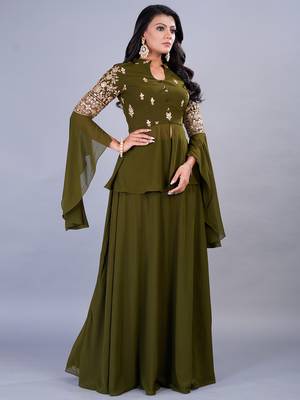 Ethnovog Ready To Wear Green Embroidered Georgette Skirt Set 4